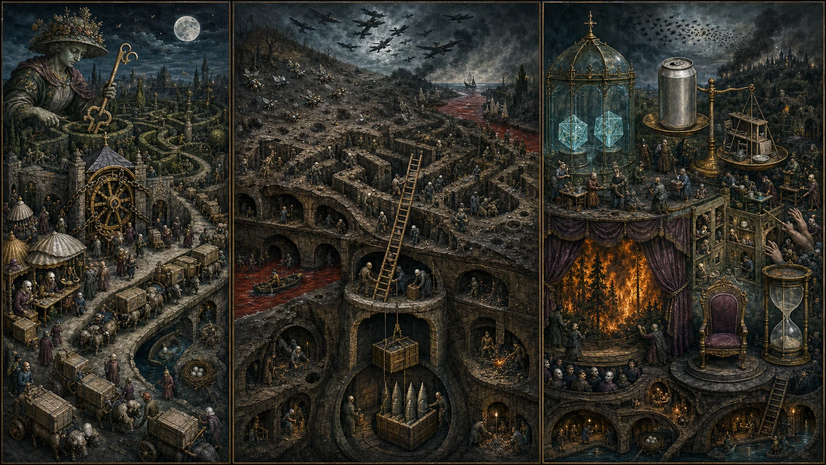 Panoramic allegorical triptych: the left panel shows institutional thresholds and origins; the center panel depicts the day's primary struggle over power and resources; the right panel shows unstable aftermath under dim light, with small figures moving through labyrinthine architecture.