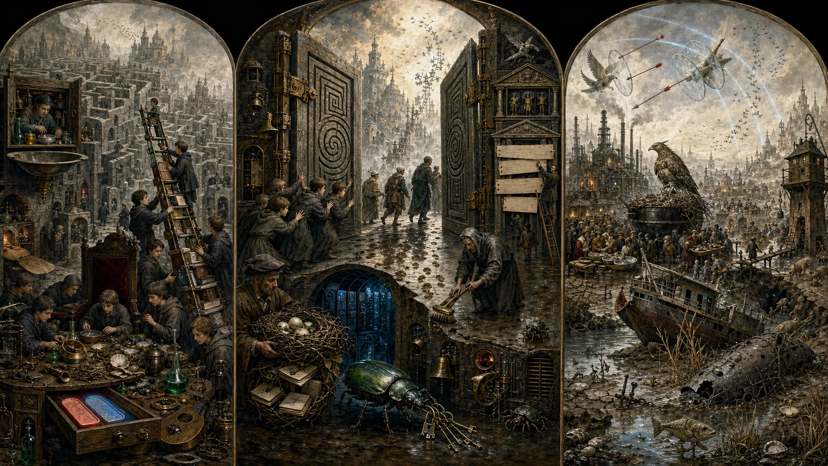 Panoramic allegorical triptych: the left panel shows institutional thresholds and origins; the center panel depicts the day's primary struggle over power and resources; the right panel shows unstable aftermath under dim light, with small figures moving through labyrinthine architecture.