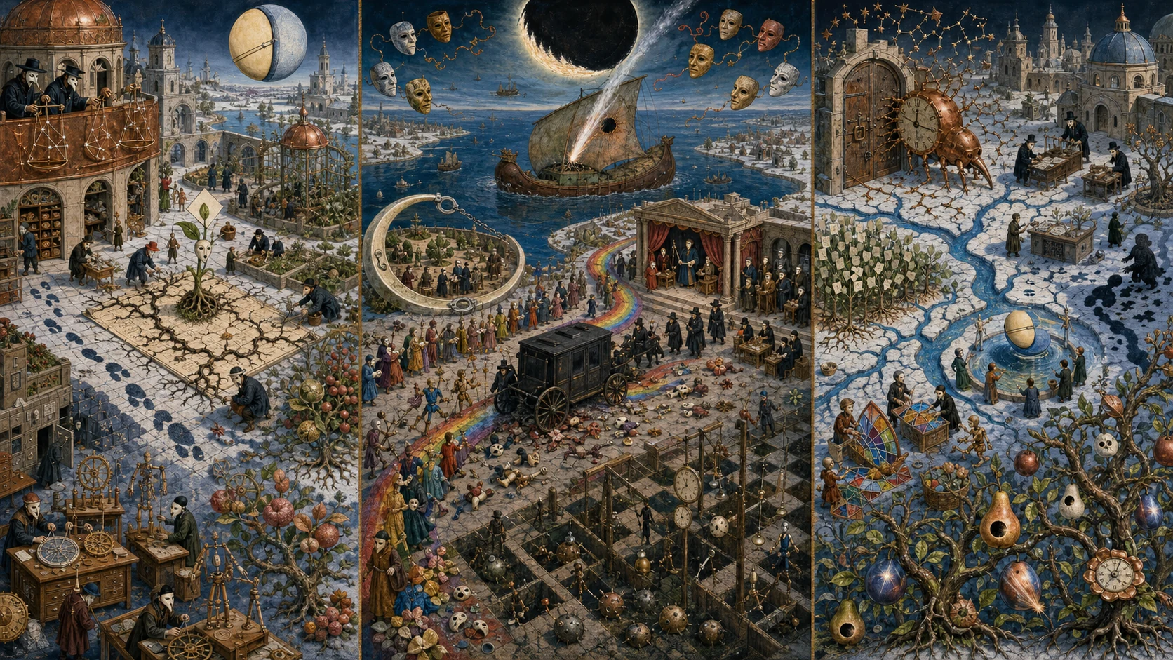 Panoramic allegorical triptych: the left panel shows institutional thresholds and origins; the center panel depicts the day's primary struggle over power and resources; the right panel shows unstable aftermath under dim light, with small figures moving through labyrinthine architecture.