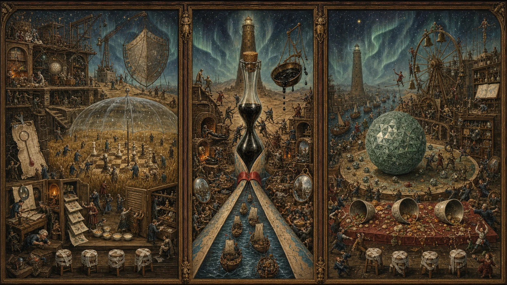 Panoramic allegorical triptych: the left panel shows institutional thresholds and origins; the center panel depicts the day's primary struggle over power and resources; the right panel shows unstable aftermath under dim light, with small figures moving through labyrinthine architecture.