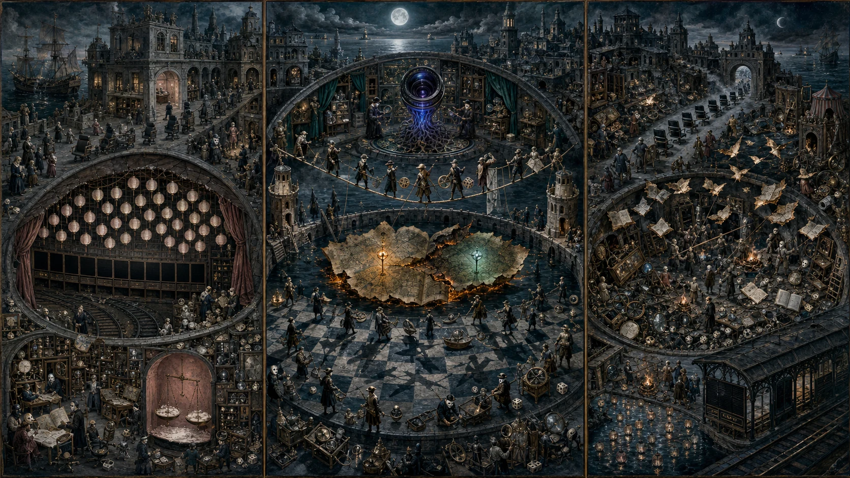 Panoramic allegorical triptych: the left panel shows institutional thresholds and origins; the center panel depicts the day's primary struggle over power and resources; the right panel shows unstable aftermath under dim light, with small figures moving through labyrinthine architecture.