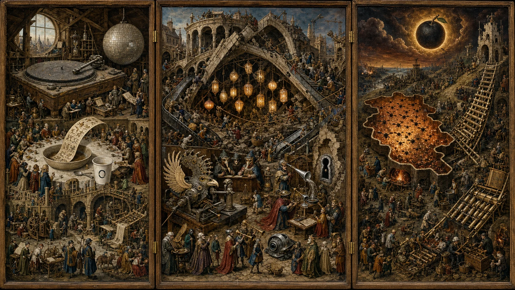 Panoramic allegorical triptych: the left panel shows institutional thresholds and origins; the center panel depicts the day's primary struggle over power and resources; the right panel shows unstable aftermath under dim light, with small figures moving through labyrinthine architecture.