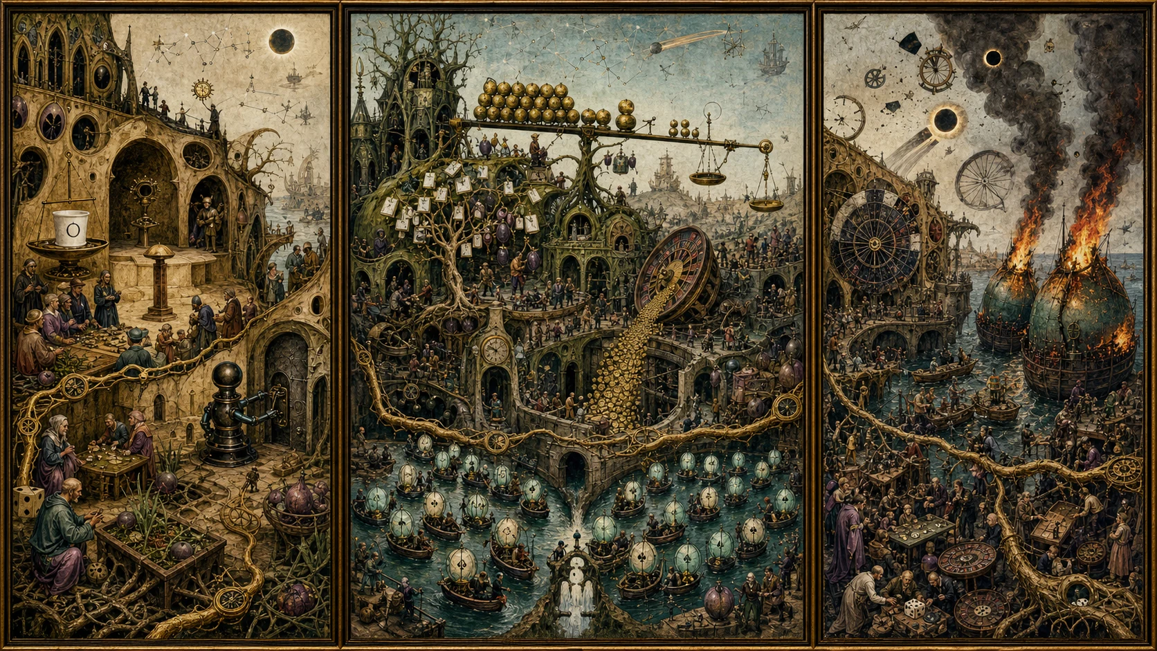 Panoramic allegorical triptych: the left panel shows institutional thresholds and origins; the center panel depicts the day's primary struggle over power and resources; the right panel shows unstable aftermath under dim light, with small figures moving through labyrinthine architecture.