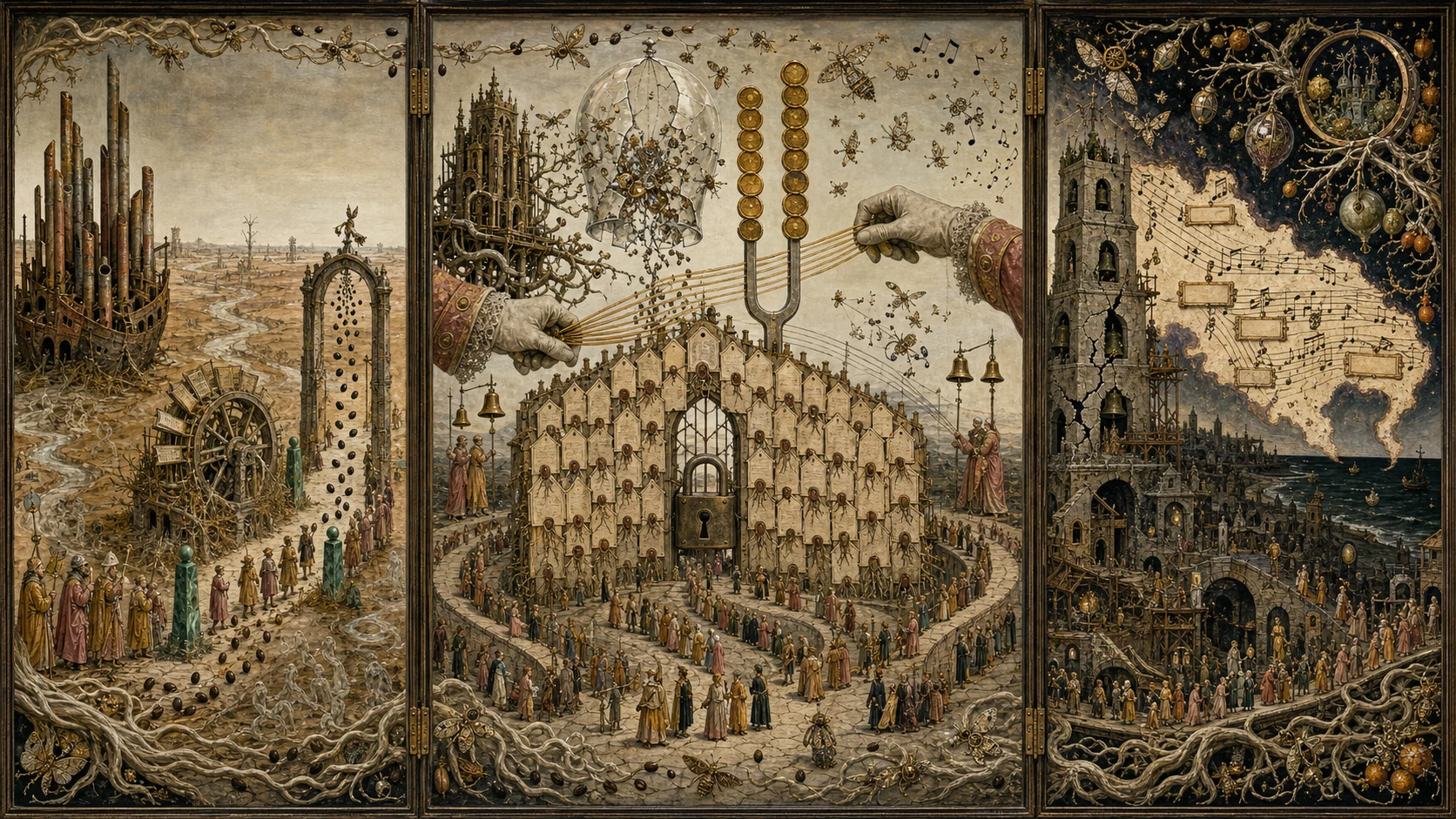 Panoramic allegorical triptych: the left panel shows institutional thresholds and origins; the center panel depicts the day's primary struggle over power and resources; the right panel shows unstable aftermath under dim light, with small figures moving through labyrinthine architecture.