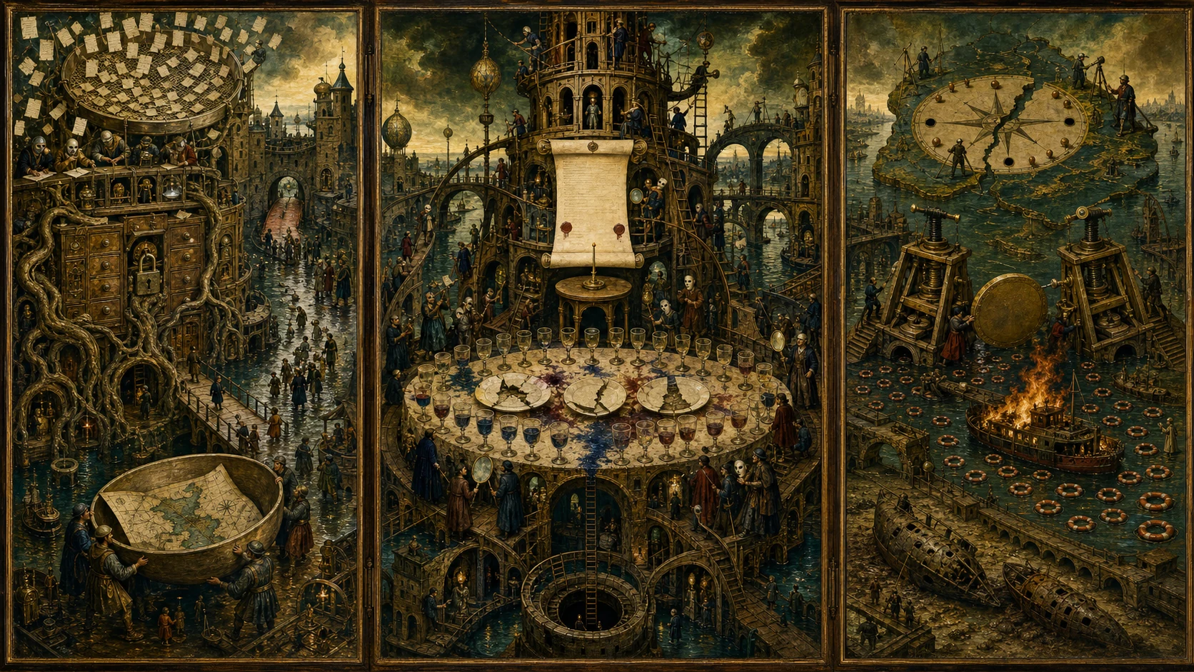 Panoramic allegorical triptych: the left panel shows institutional thresholds and origins; the center panel depicts the day's primary struggle over power and resources; the right panel shows unstable aftermath under dim light, with small figures moving through labyrinthine architecture.