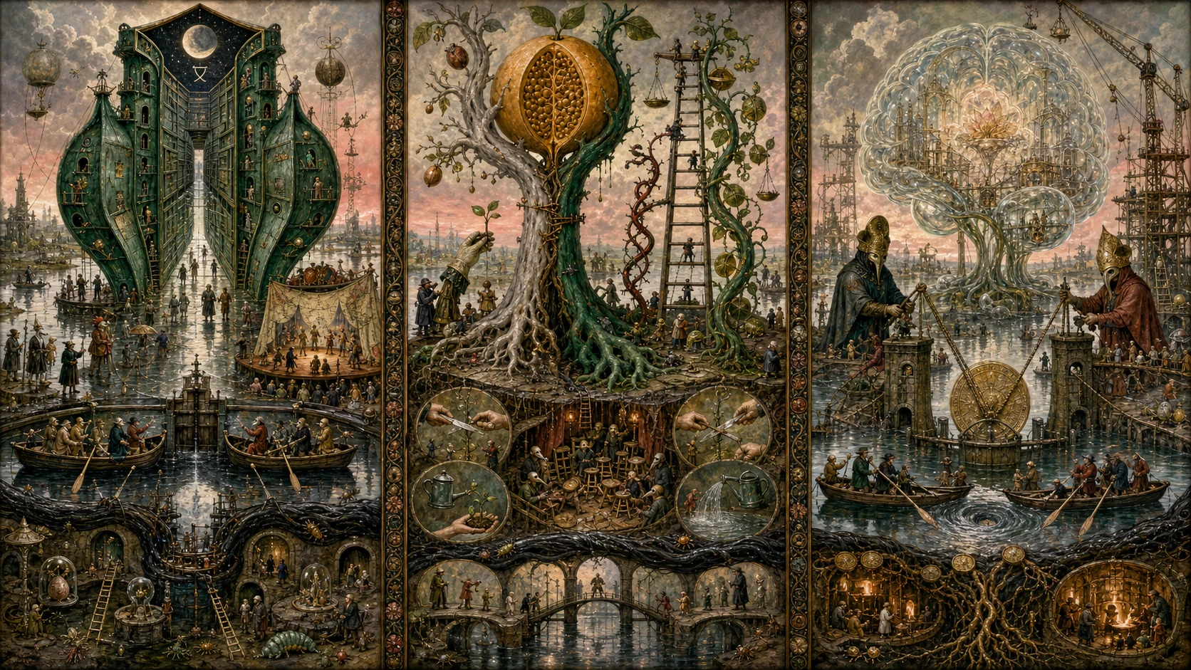 Panoramic allegorical triptych: the left panel shows institutional thresholds and origins; the center panel depicts the day's primary struggle over power and resources; the right panel shows unstable aftermath under dim light, with small figures moving through labyrinthine architecture.