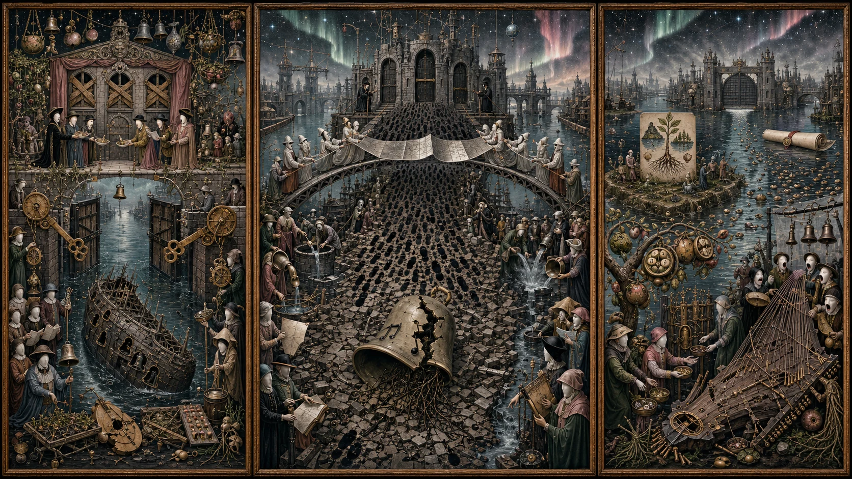 Panoramic allegorical triptych: the left panel shows institutional thresholds and origins; the center panel depicts the day's primary struggle over power and resources; the right panel shows unstable aftermath under dim light, with small figures moving through labyrinthine architecture.