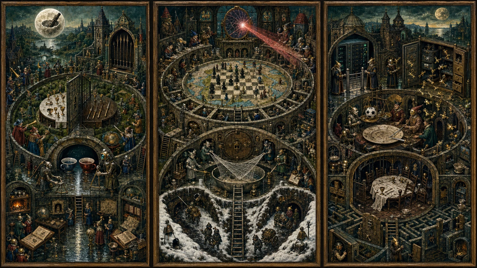 Panoramic allegorical triptych: the left panel shows institutional thresholds and origins; the center panel depicts the day's primary struggle over power and resources; the right panel shows unstable aftermath under dim light, with small figures moving through labyrinthine architecture.