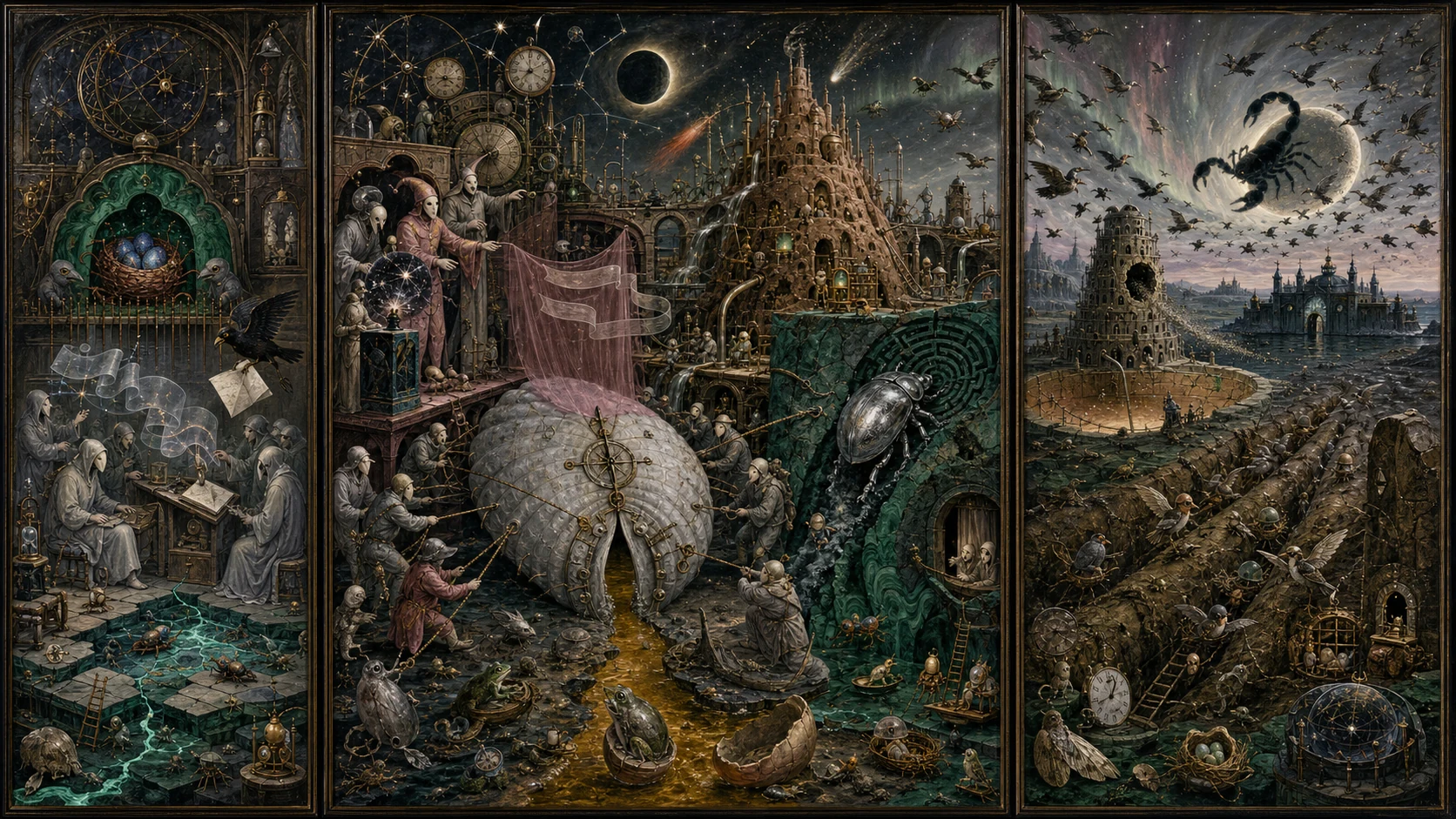 Panoramic allegorical triptych: the left panel shows institutional thresholds and origins; the center panel depicts the day's primary struggle over power and resources; the right panel shows unstable aftermath under dim light, with small figures moving through labyrinthine architecture.