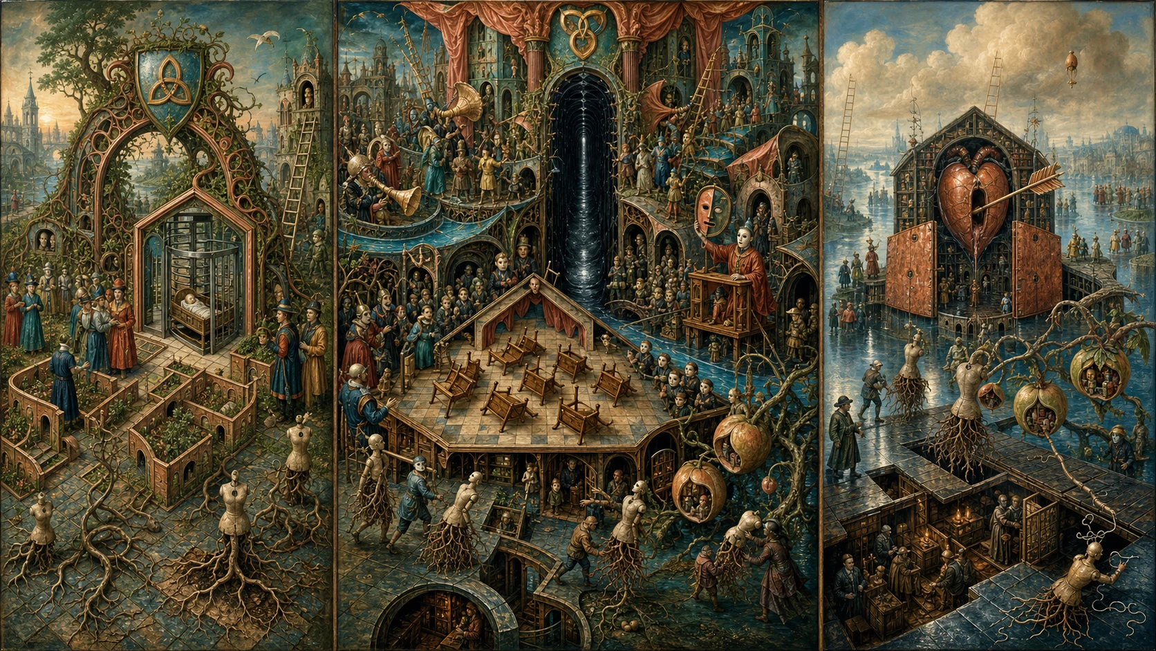Panoramic allegorical triptych: the left panel shows institutional thresholds and origins; the center panel depicts the day's primary struggle over power and resources; the right panel shows unstable aftermath under dim light, with small figures moving through labyrinthine architecture.
