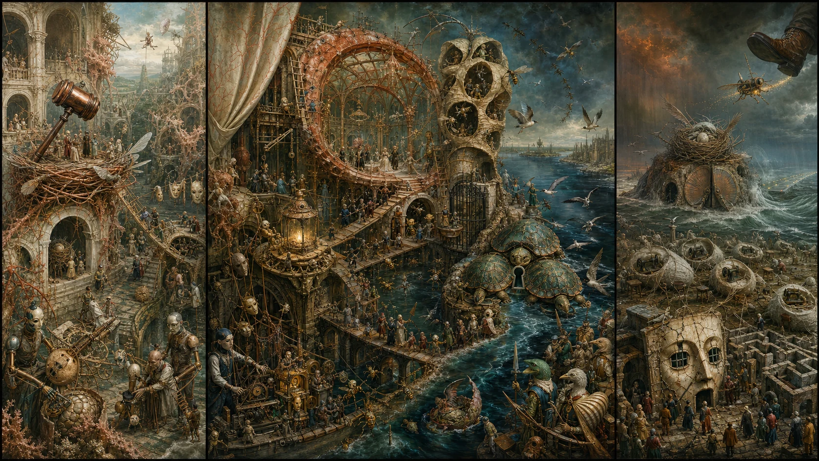 Panoramic allegorical triptych: the left panel shows institutional thresholds and origins; the center panel depicts the day's primary struggle over power and resources; the right panel shows unstable aftermath under dim light, with small figures moving through labyrinthine architecture.