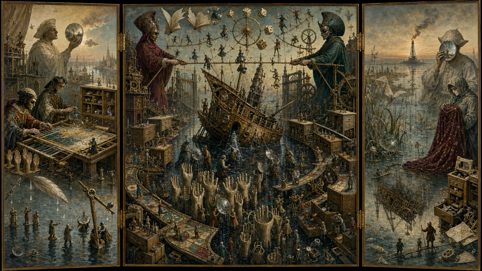 Panoramic allegorical triptych: the left panel shows institutional thresholds and origins; the center panel depicts the day's primary struggle over power and resources; the right panel shows unstable aftermath under dim light, with small figures moving through labyrinthine architecture.