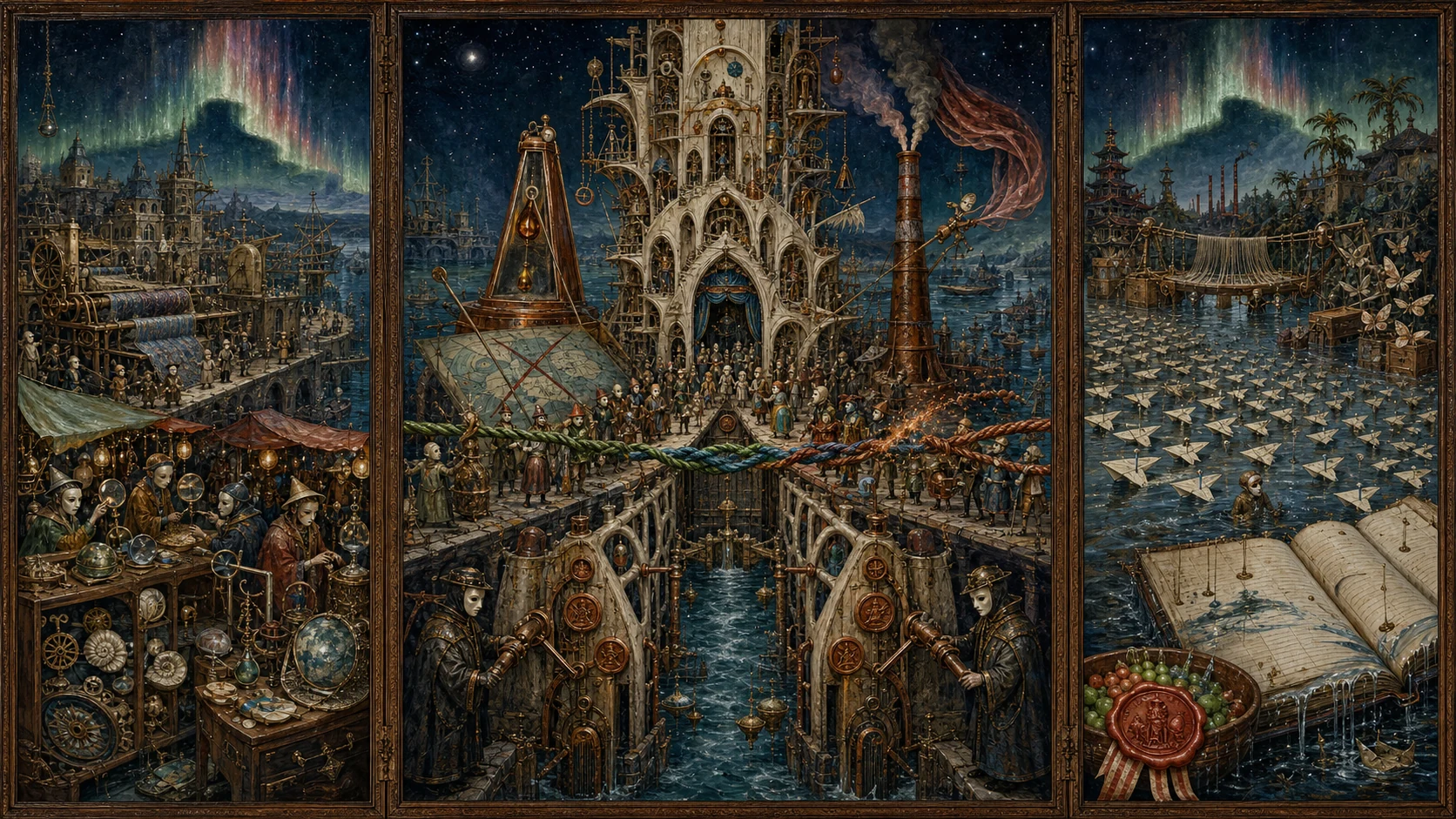 Panoramic allegorical triptych: the left panel shows institutional thresholds and origins; the center panel depicts the day's primary struggle over power and resources; the right panel shows unstable aftermath under dim light, with small figures moving through labyrinthine architecture.