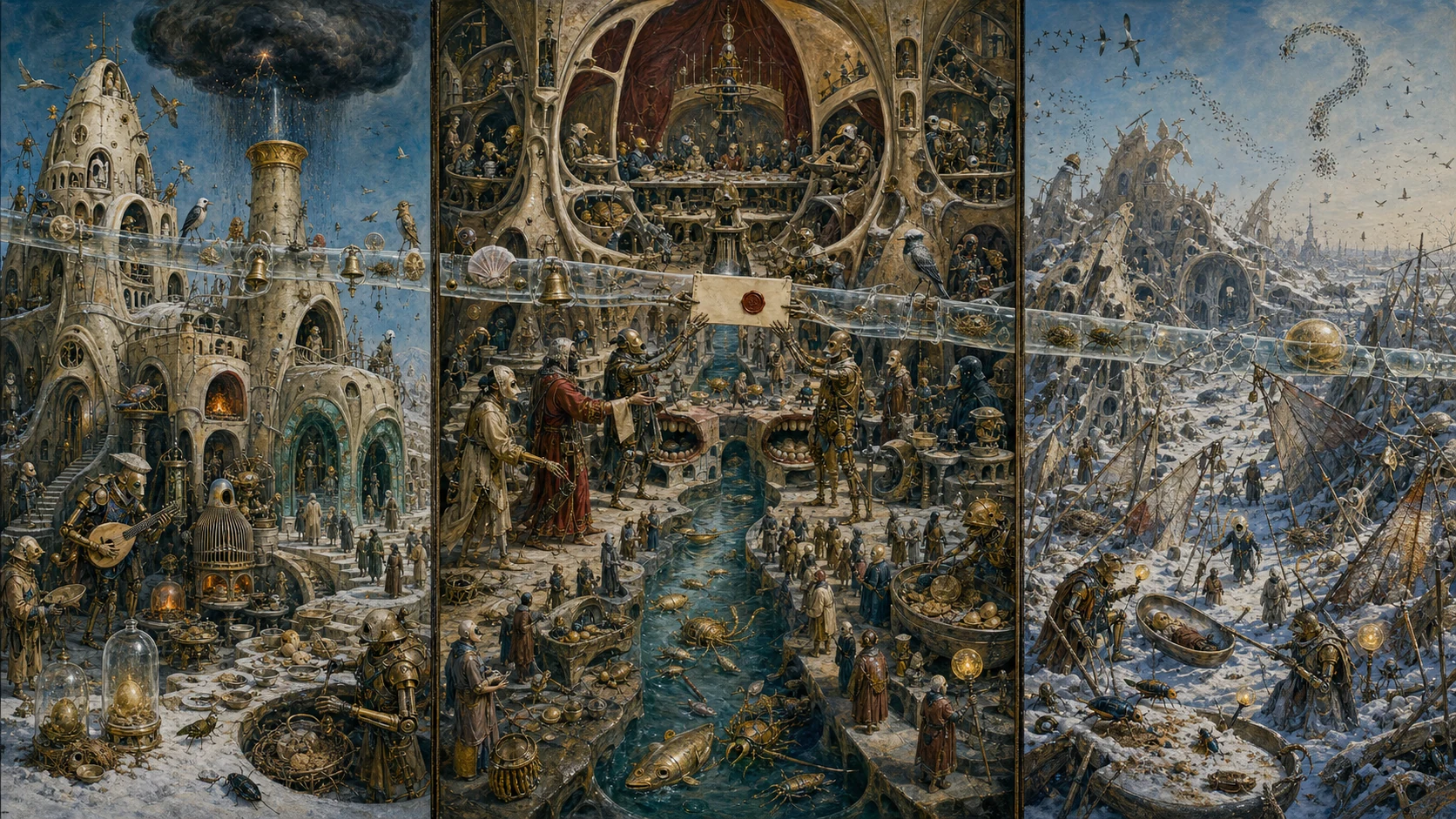 Panoramic allegorical triptych: the left panel shows institutional thresholds and origins; the center panel depicts the day's primary struggle over power and resources; the right panel shows unstable aftermath under dim light, with small figures moving through labyrinthine architecture.