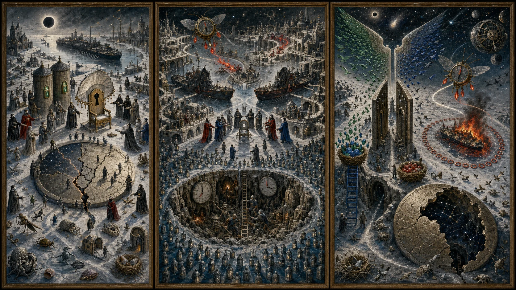 Panoramic allegorical triptych: the left panel shows institutional thresholds and origins; the center panel depicts the day's primary struggle over power and resources; the right panel shows unstable aftermath under dim light, with small figures moving through labyrinthine architecture.