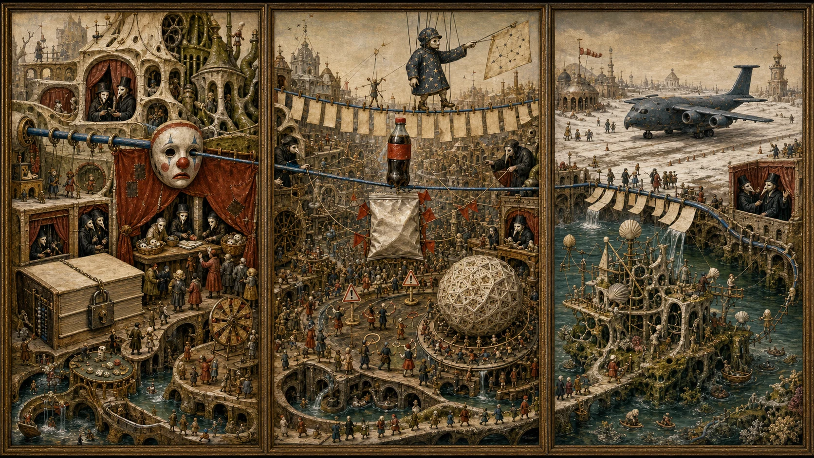 Panoramic allegorical triptych: the left panel shows institutional thresholds and origins; the center panel depicts the day's primary struggle over power and resources; the right panel shows unstable aftermath under dim light, with small figures moving through labyrinthine architecture.