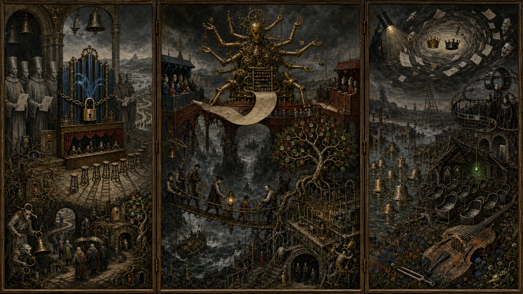 Panoramic allegorical triptych: the left panel shows institutional thresholds and origins; the center panel depicts the day's primary struggle over power and resources; the right panel shows unstable aftermath under dim light, with small figures moving through labyrinthine architecture.