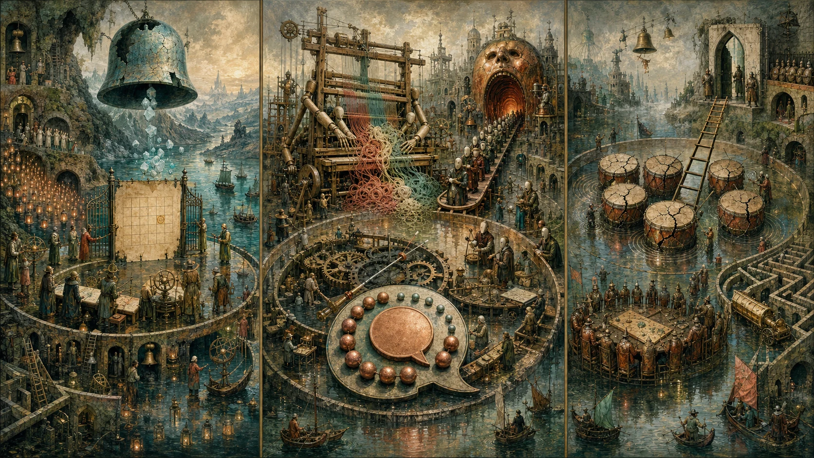 Panoramic allegorical triptych: the left panel shows institutional thresholds and origins; the center panel depicts the day's primary struggle over power and resources; the right panel shows unstable aftermath under dim light, with small figures moving through labyrinthine architecture.
