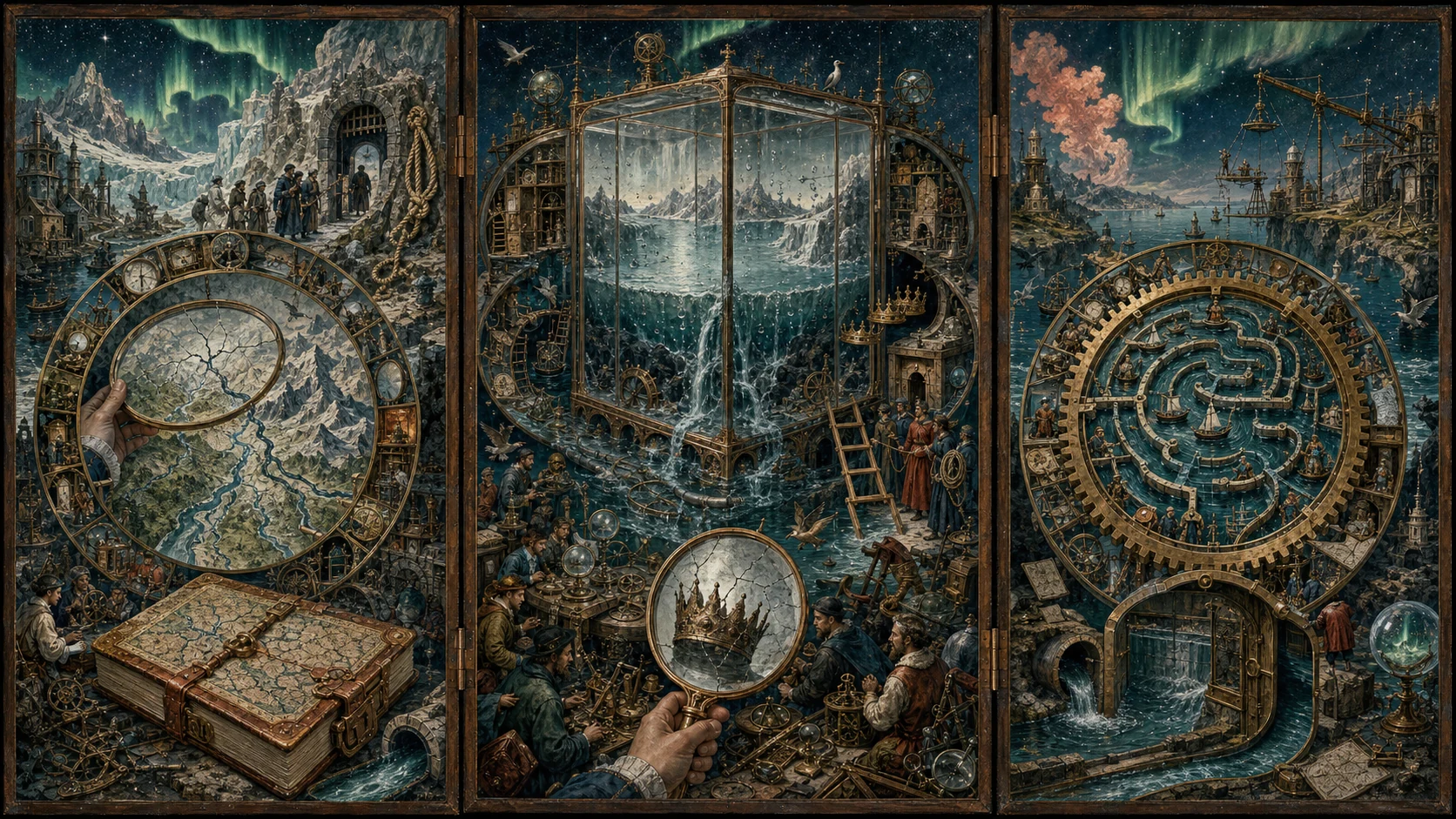 Panoramic allegorical triptych: the left panel shows institutional thresholds and origins; the center panel depicts the day's primary struggle over power and resources; the right panel shows unstable aftermath under dim light, with small figures moving through labyrinthine architecture.