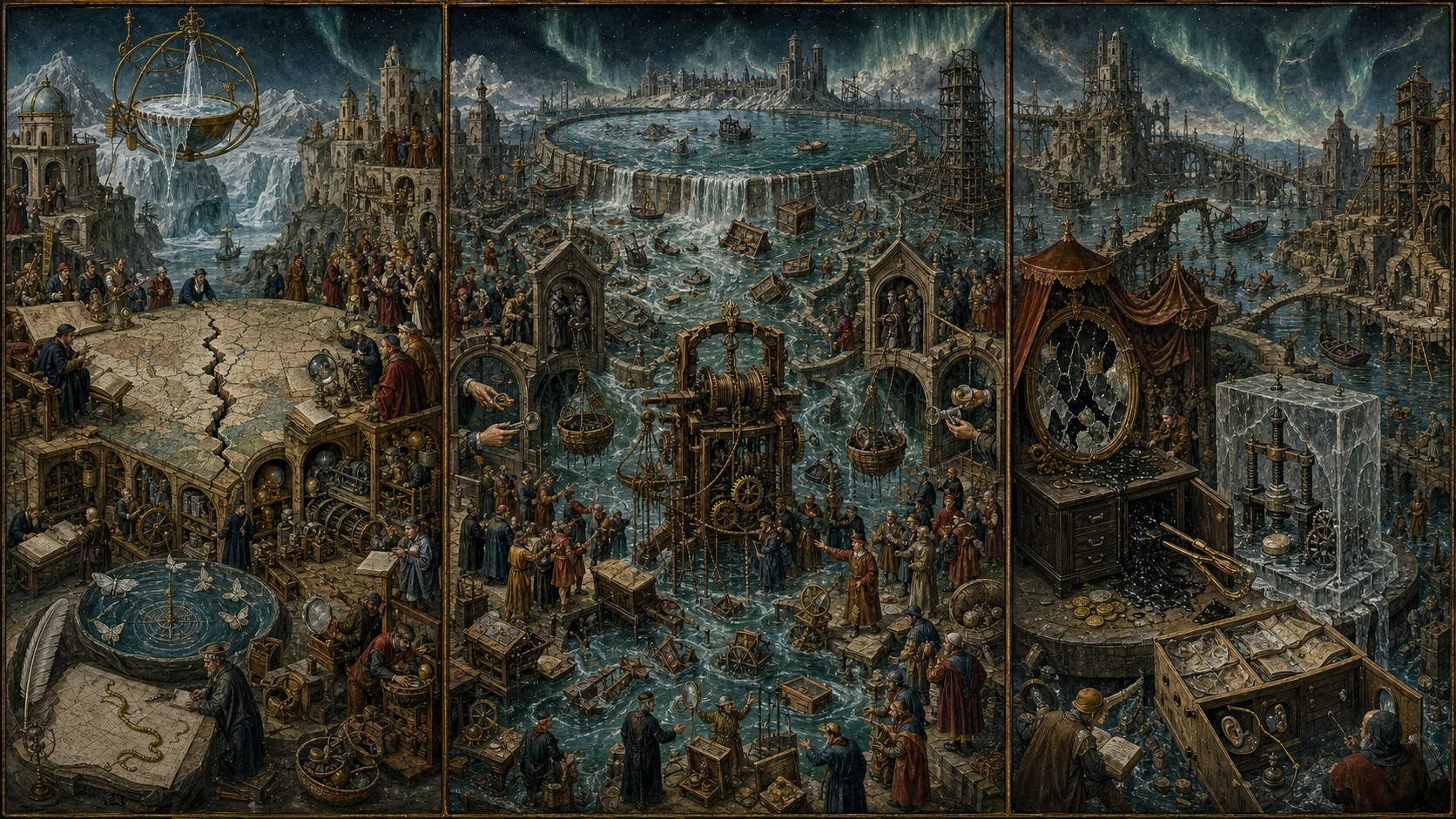 Panoramic allegorical triptych: the left panel shows institutional thresholds and origins; the center panel depicts the day's primary struggle over power and resources; the right panel shows unstable aftermath under dim light, with small figures moving through labyrinthine architecture.