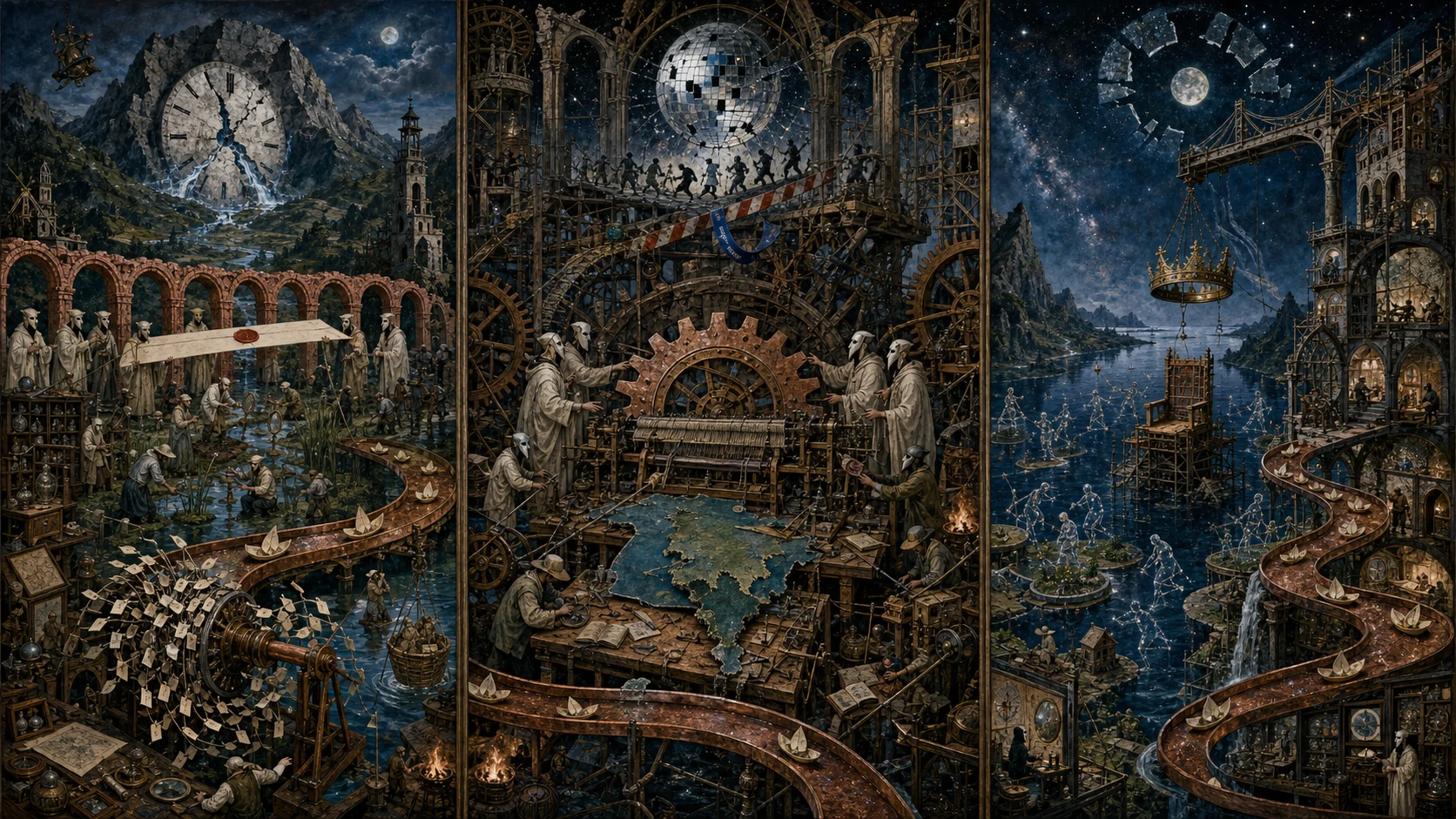 Panoramic allegorical triptych: the left panel shows institutional thresholds and origins; the center panel depicts the day's primary struggle over power and resources; the right panel shows unstable aftermath under dim light, with small figures moving through labyrinthine architecture.