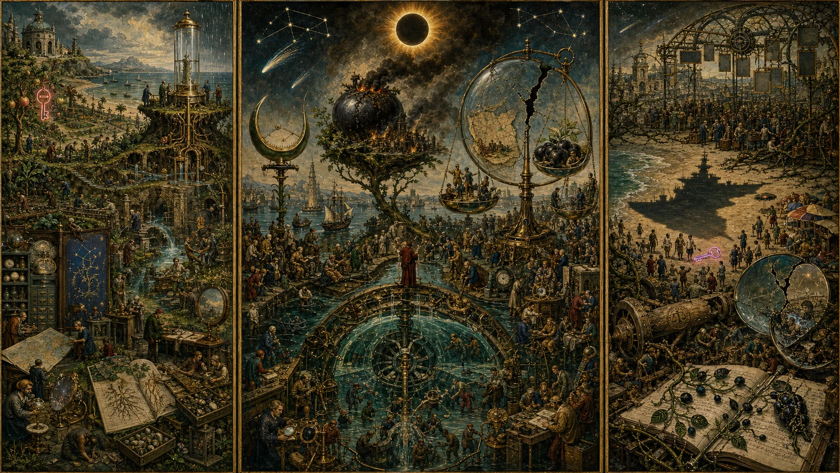 Panoramic allegorical triptych: the left panel shows institutional thresholds and origins; the center panel depicts the day's primary struggle over power and resources; the right panel shows unstable aftermath under dim light, with small figures moving through labyrinthine architecture.