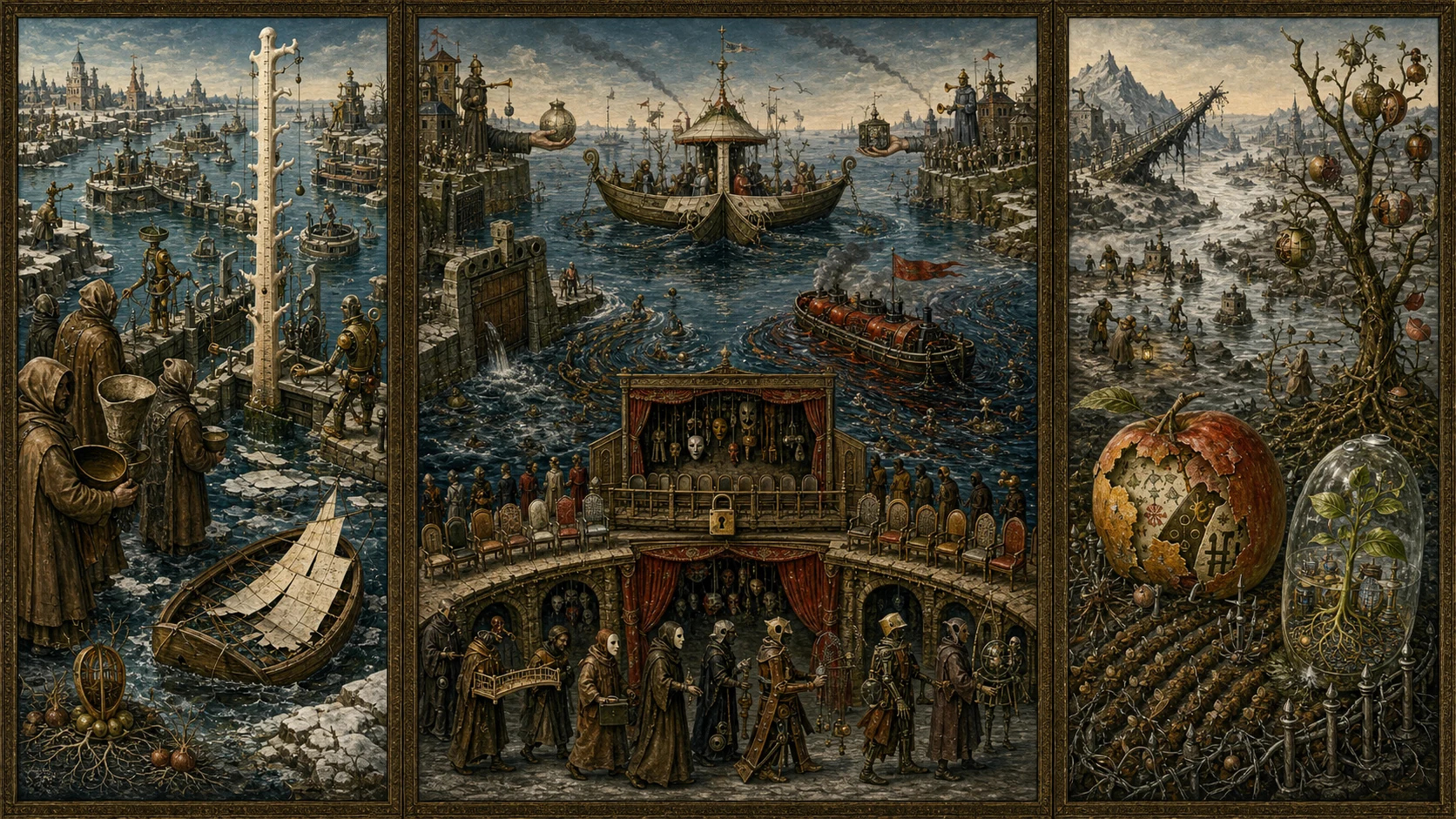 Panoramic allegorical triptych: the left panel shows institutional thresholds and origins; the center panel depicts the day's primary struggle over power and resources; the right panel shows unstable aftermath under dim light, with small figures moving through labyrinthine architecture.