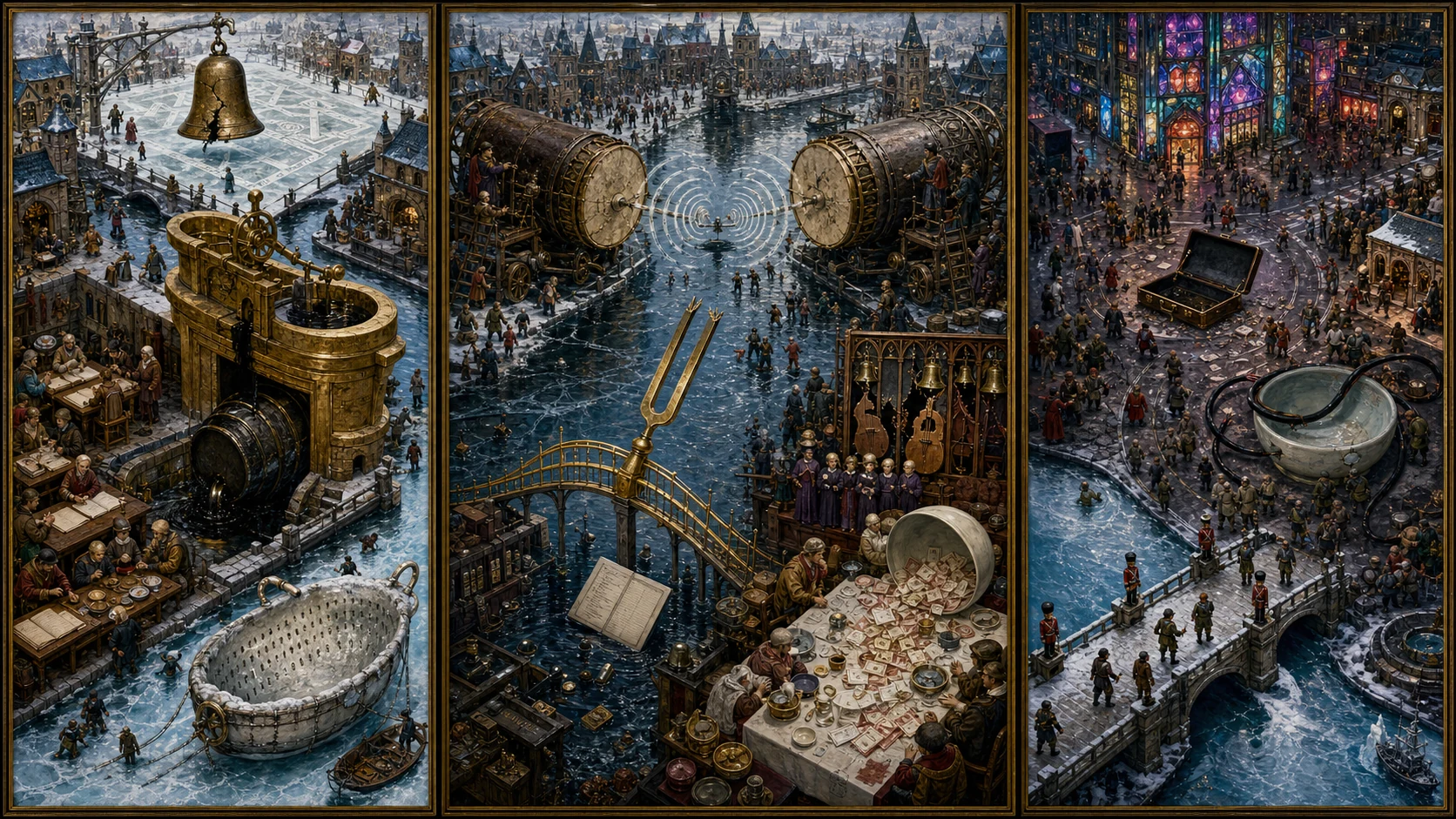 Panoramic allegorical triptych: the left panel shows institutional thresholds and origins; the center panel depicts the day's primary struggle over power and resources; the right panel shows unstable aftermath under dim light, with small figures moving through labyrinthine architecture.