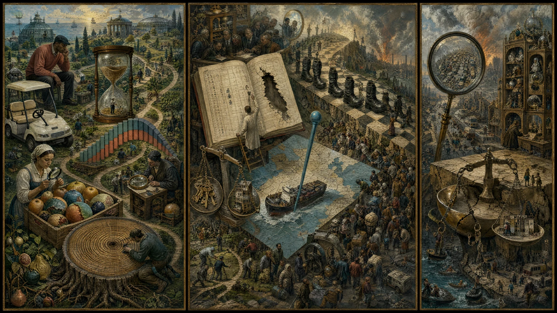Panoramic allegorical triptych: the left panel shows institutional thresholds and origins; the center panel depicts the day's primary struggle over power and resources; the right panel shows unstable aftermath under dim light, with small figures moving through labyrinthine architecture.