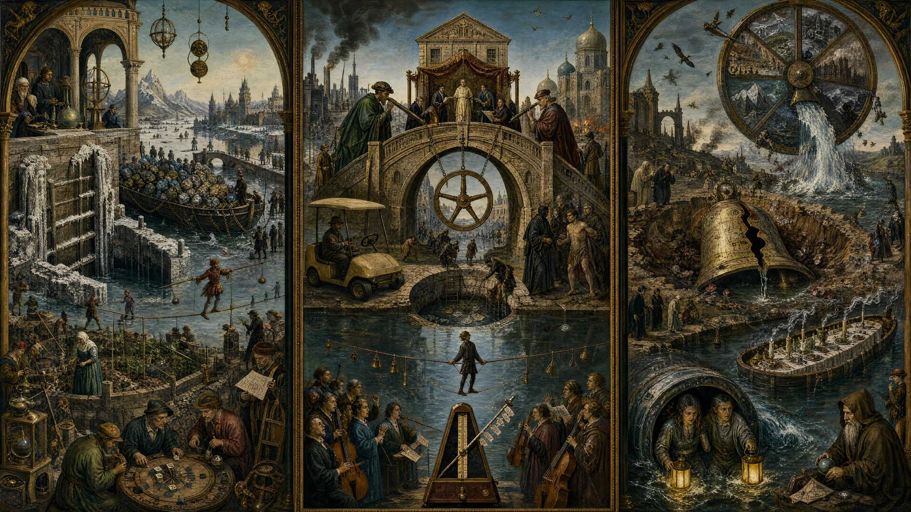 Panoramic allegorical triptych: the left panel shows institutional thresholds and origins; the center panel depicts the day's primary struggle over power and resources; the right panel shows unstable aftermath under dim light, with small figures moving through labyrinthine architecture.