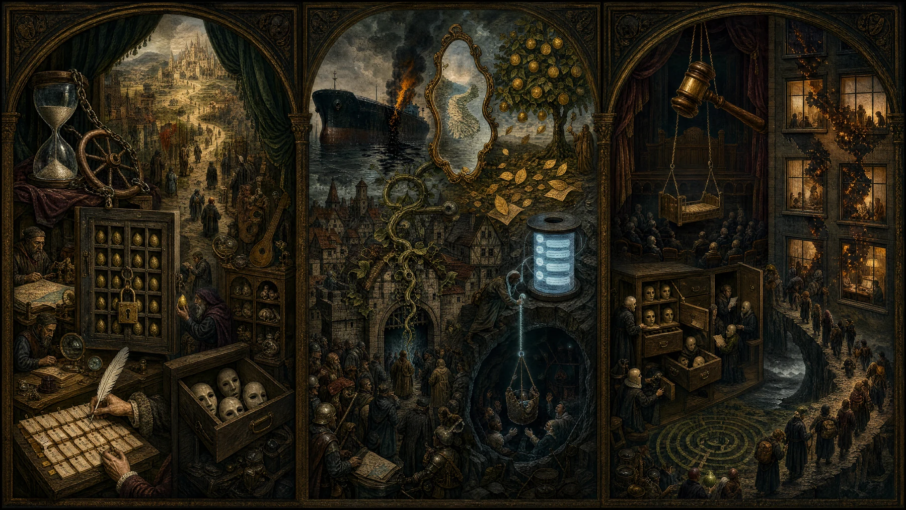 Panoramic allegorical triptych: the left panel shows institutional thresholds and origins; the center panel depicts the day's primary struggle over power and resources; the right panel shows unstable aftermath under dim light, with small figures moving through labyrinthine architecture.