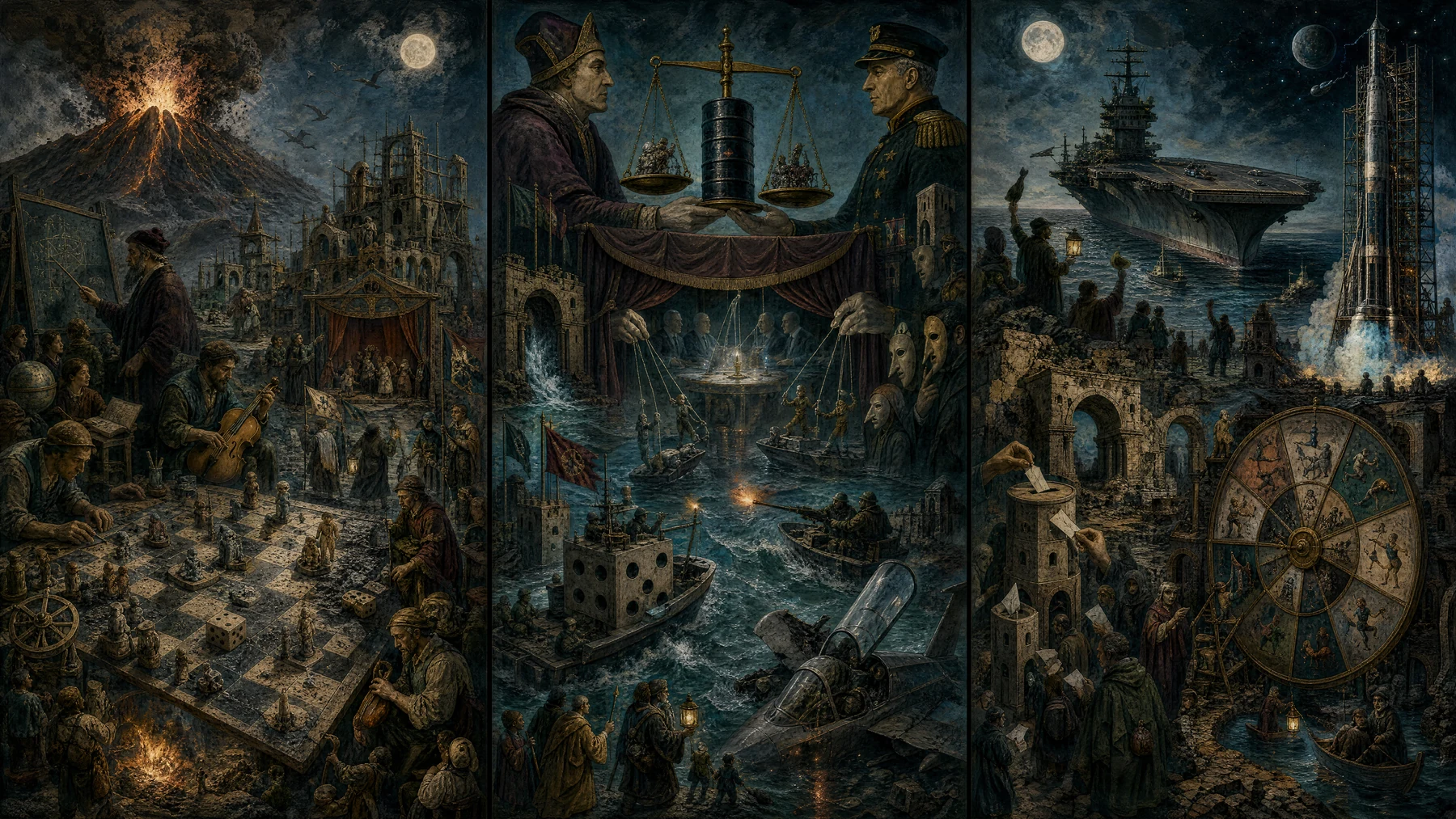 Panoramic allegorical triptych: the left panel shows institutional thresholds and origins; the center panel depicts the day's primary struggle over power and resources; the right panel shows unstable aftermath under dim light, with small figures moving through labyrinthine architecture.
