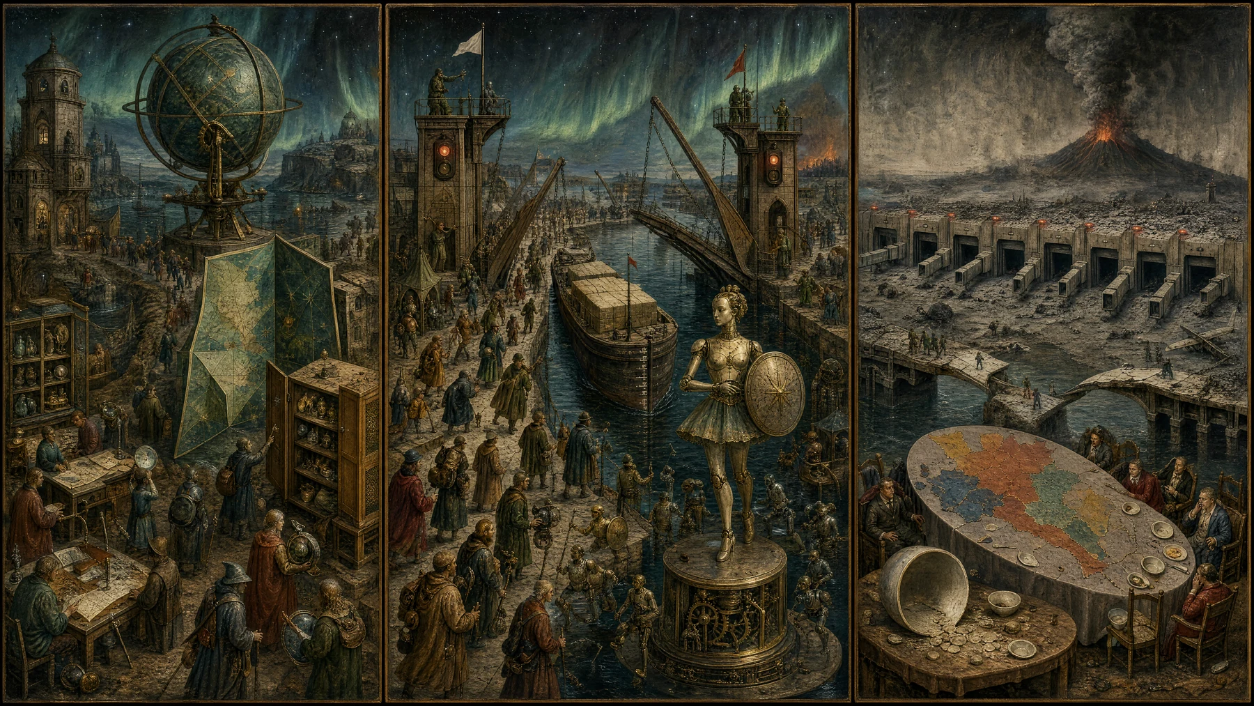Panoramic allegorical triptych: the left panel shows institutional thresholds and origins; the center panel depicts the day's primary struggle over power and resources; the right panel shows unstable aftermath under dim light, with small figures moving through labyrinthine architecture.