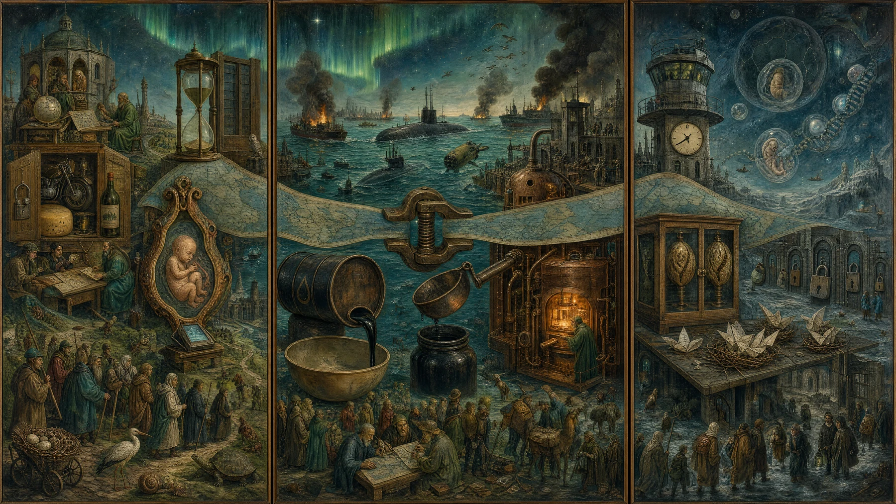 Panoramic allegorical triptych: the left panel shows institutional thresholds and origins; the center panel depicts the day's primary struggle over power and resources; the right panel shows unstable aftermath under dim light, with small figures moving through labyrinthine architecture.