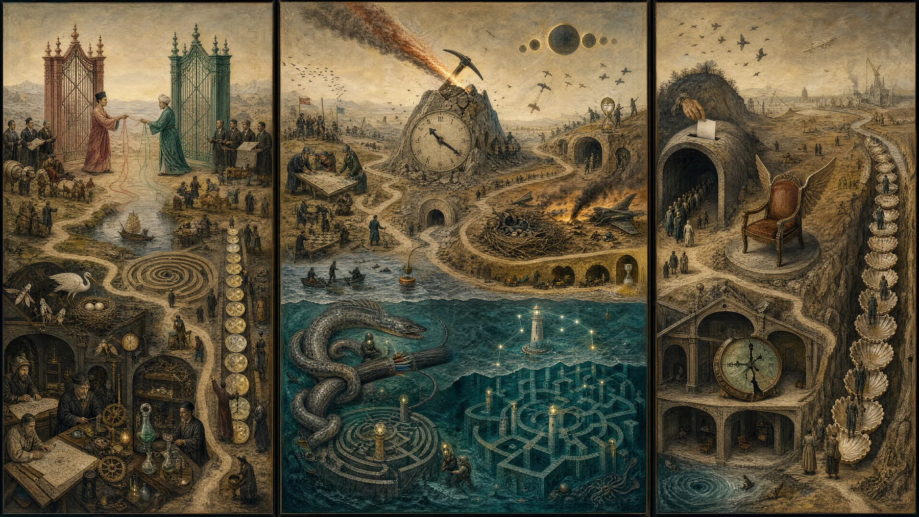 Panoramic allegorical triptych: the left panel shows institutional thresholds and origins; the center panel depicts the day's primary struggle over power and resources; the right panel shows unstable aftermath under dim light, with small figures moving through labyrinthine architecture.