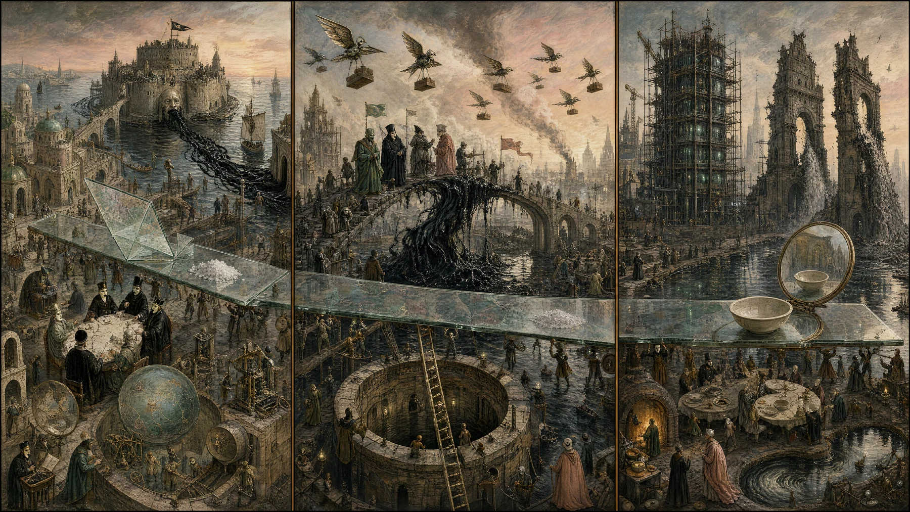 Panoramic allegorical triptych: the left panel shows institutional thresholds and origins; the center panel depicts the day's primary struggle over power and resources; the right panel shows unstable aftermath under dim light, with small figures moving through labyrinthine architecture.