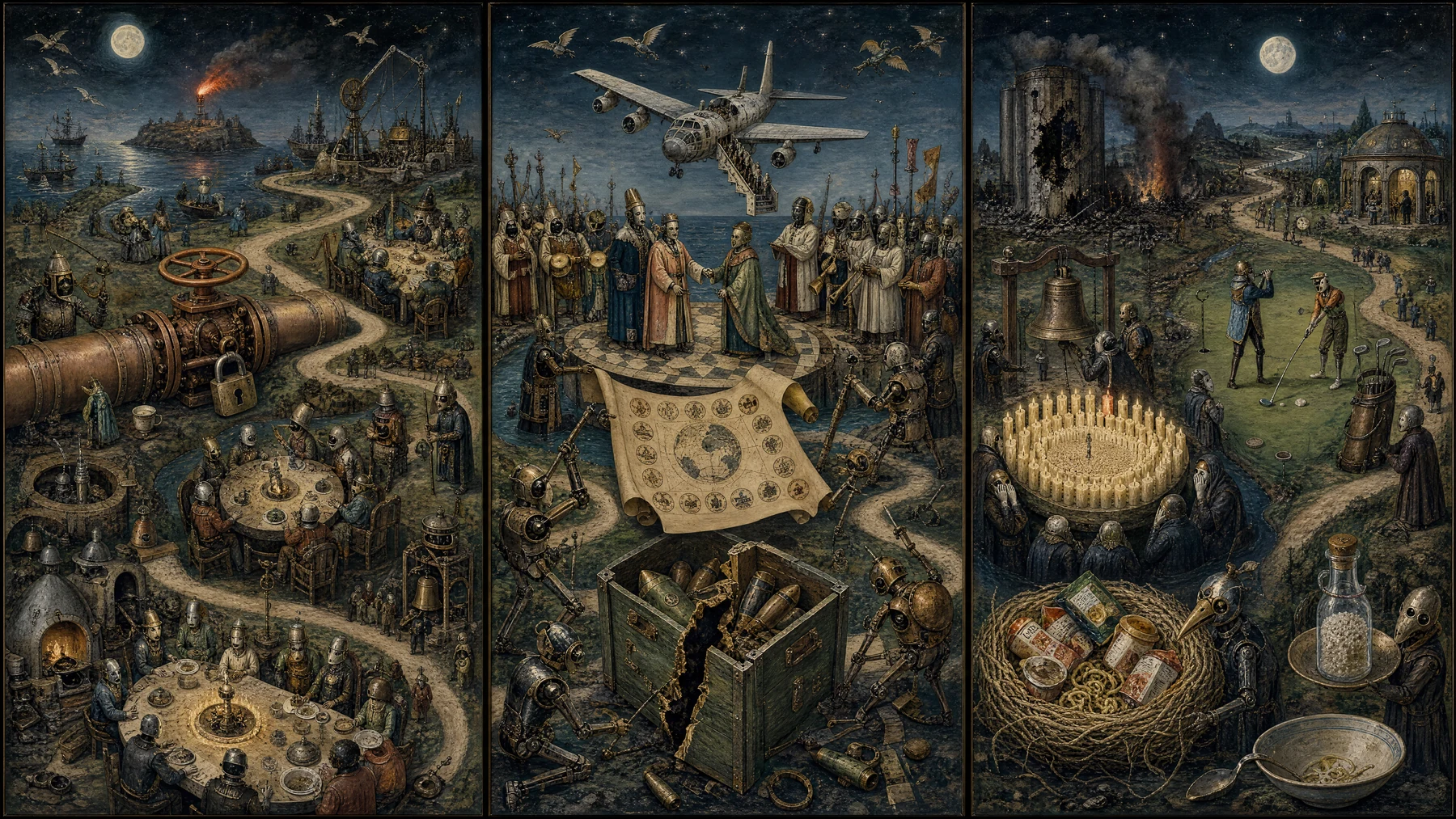 Panoramic allegorical triptych: the left panel shows institutional thresholds and origins; the center panel depicts the day's primary struggle over power and resources; the right panel shows unstable aftermath under dim light, with small figures moving through labyrinthine architecture.