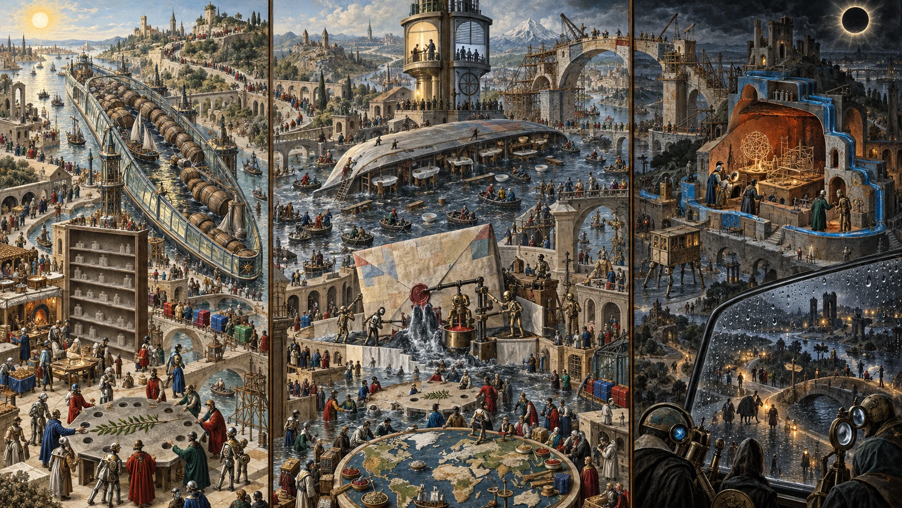 Panoramic allegorical triptych: the left panel shows institutional thresholds and origins; the center panel depicts the day's primary struggle over power and resources; the right panel shows unstable aftermath under dim light, with small figures moving through labyrinthine architecture.