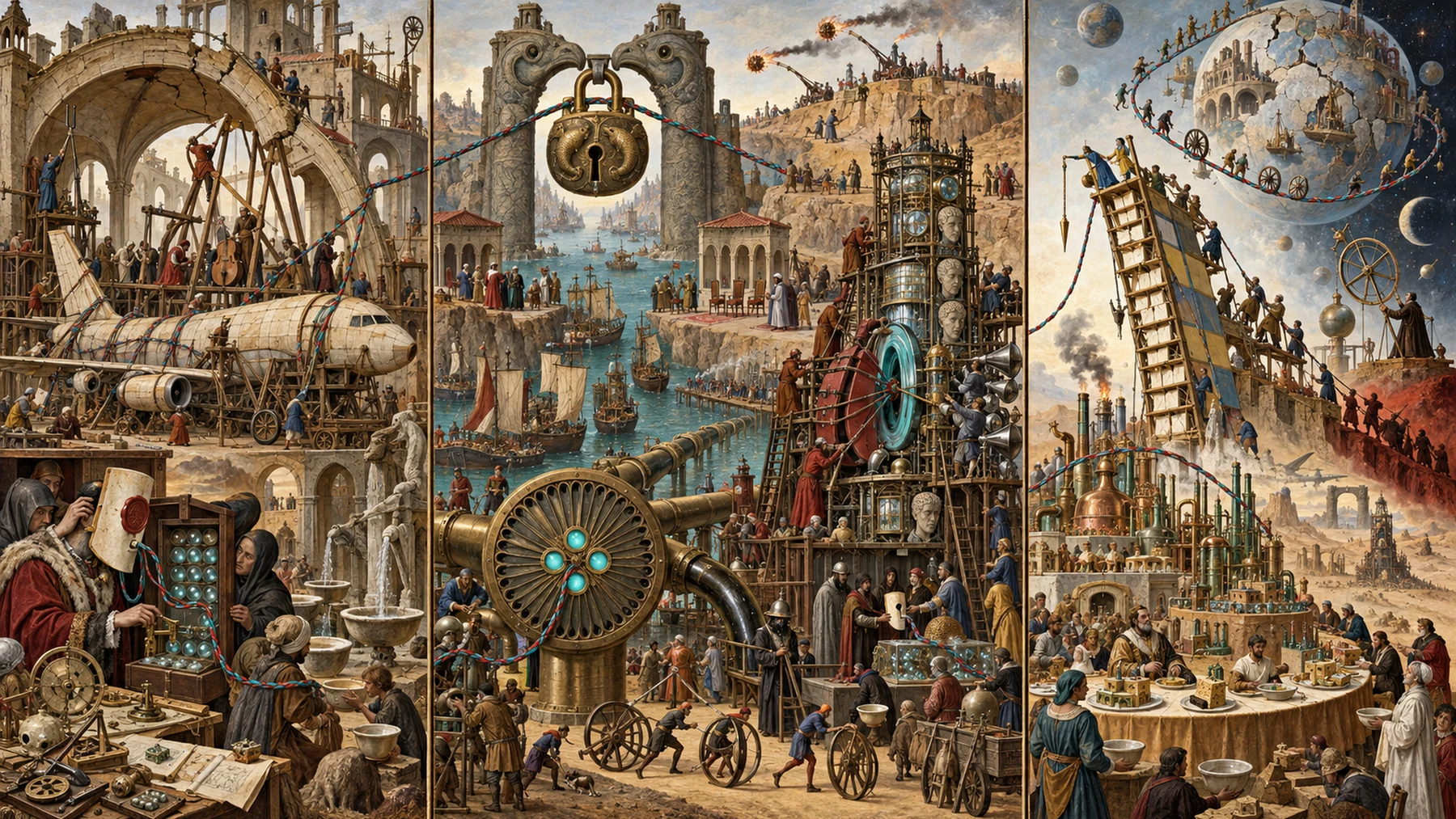 Panoramic allegorical triptych: the left panel shows institutional thresholds and origins; the center panel depicts the day's primary struggle over power and resources; the right panel shows unstable aftermath under dim light, with small figures moving through labyrinthine architecture.