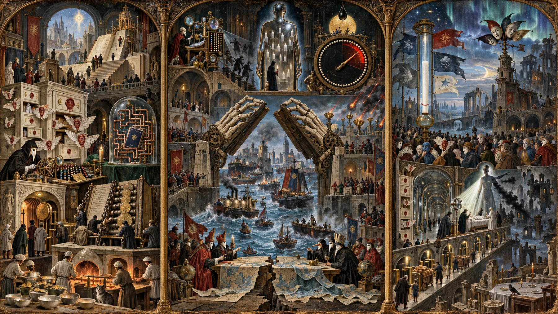 Panoramic allegorical triptych: the left panel shows institutional thresholds and origins; the center panel depicts the day's primary struggle over power and resources; the right panel shows unstable aftermath under dim light, with small figures moving through labyrinthine architecture.
