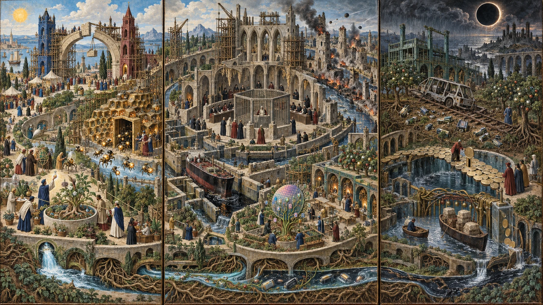 Panoramic allegorical triptych: the left panel shows institutional thresholds and origins; the center panel depicts the day's primary struggle over power and resources; the right panel shows unstable aftermath under dim light, with small figures moving through labyrinthine architecture.