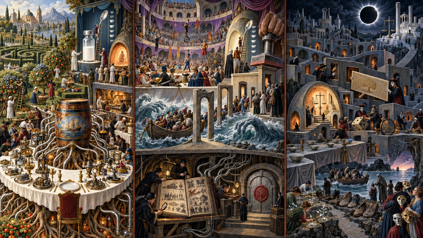 Panoramic allegorical triptych: the left panel shows institutional thresholds and origins; the center panel depicts the day's primary struggle over power and resources; the right panel shows unstable aftermath under dim light, with small figures moving through labyrinthine architecture.
