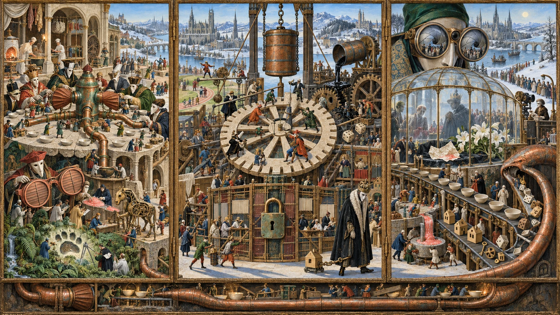 Panoramic allegorical triptych: the left panel shows institutional thresholds and origins; the center panel depicts the day's primary struggle over power and resources; the right panel shows unstable aftermath under dim light, with small figures moving through labyrinthine architecture.