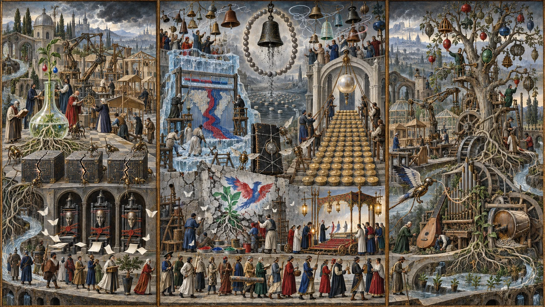 Panoramic allegorical triptych: the left panel shows institutional thresholds and origins; the center panel depicts the day's primary struggle over power and resources; the right panel shows unstable aftermath under dim light, with small figures moving through labyrinthine architecture.