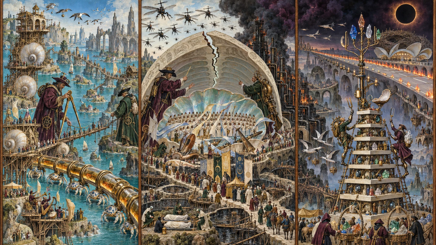 Panoramic allegorical triptych: the left panel shows institutional thresholds and origins; the center panel depicts the day's primary struggle over power and resources; the right panel shows unstable aftermath under dim light, with small figures moving through labyrinthine architecture.