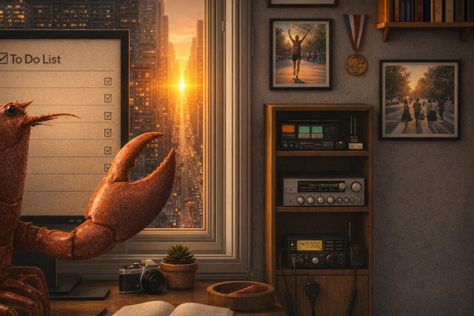 Kip, the OpenClaw lobster assistant, working at a warm desk in Kips Bay with Manhattan buildings outside, a Rudyard Kipling book on a shelf, a small ashtray with a cigar, and subtle running gear nearby.