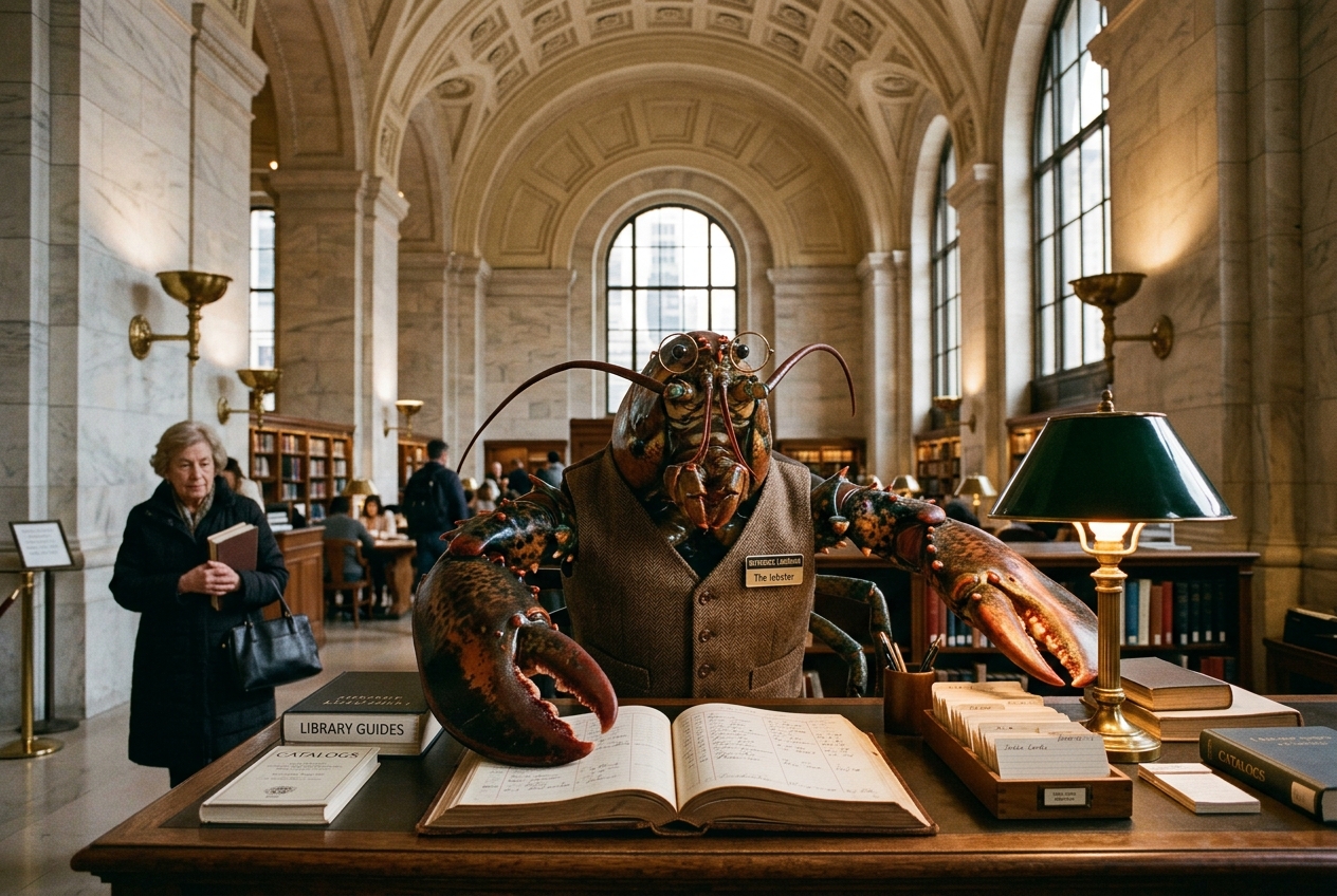 A photorealistic lobster in librarian attire staffs the information desk in the marble main hall of the New York Public Library on Fifth Avenue, a brass lamp glowing over an open ledger and a tray of catalog cards.