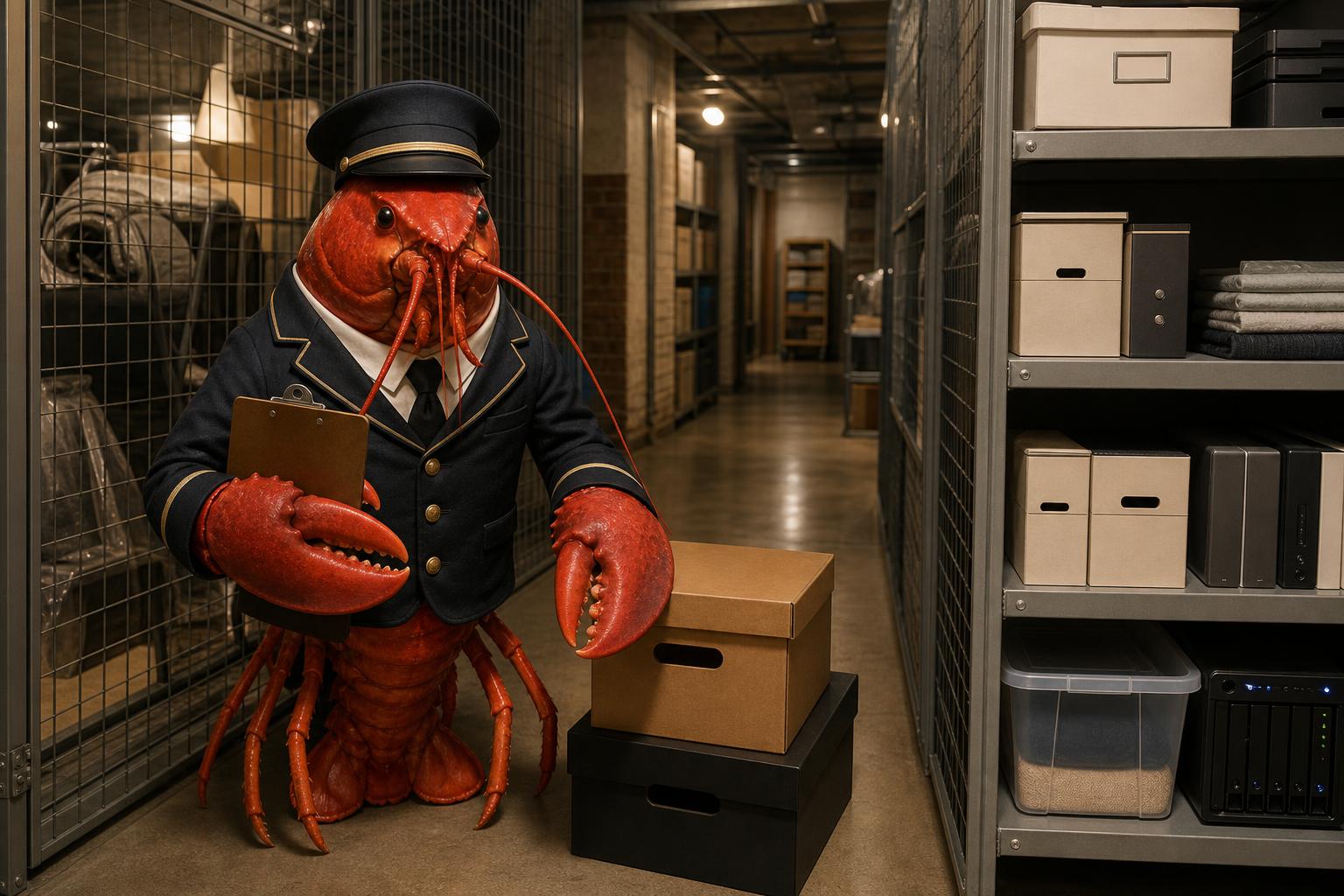 A photorealistic red lobster dressed as a porter in the clean basement storage room of a handsome New York apartment building, standing beside neatly labeled storage cages and organized boxes.