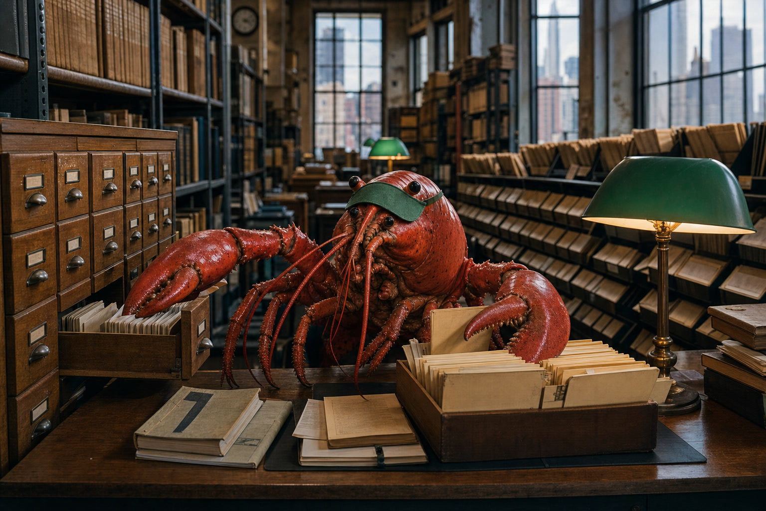 A photorealistic red lobster in a green librarian's eyeshade sorts a card catalog and paper clip files in a historic New York newsroom library.