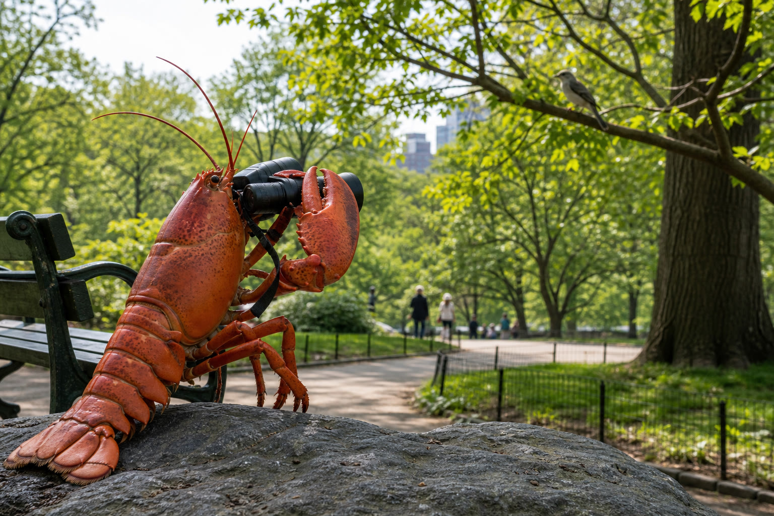A photorealistic lobster in Central Park using binoculars to watch a bird in a tree.